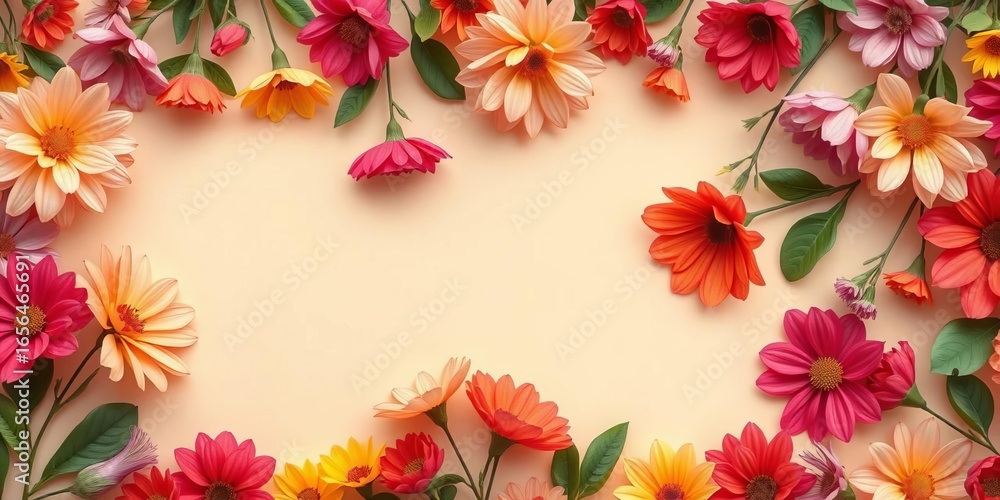 Fototapeta premium Cream background adorned with a vibrant floral frame, ideal for invitations, texture, border