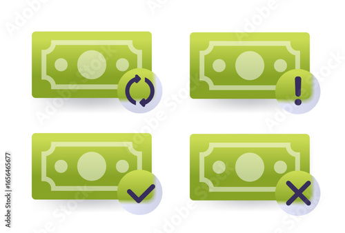 Set of four glass morphism banknotes with arrows, check mark, cross and exclamation. Financial process icon