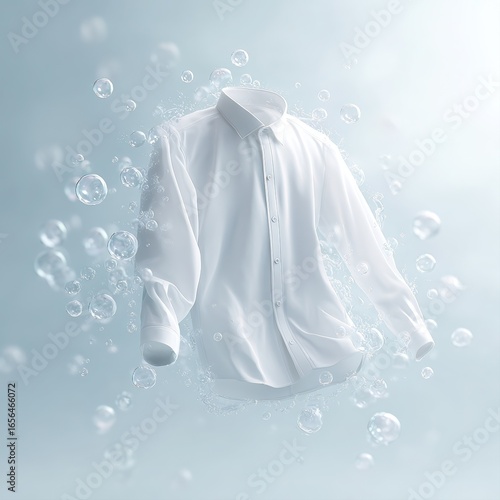 Wallpaper Mural A floating white shirt surrounded by bubbles creates a fresh, clean vibe, ideal for laundry services, fabric care products, or fashion campaigns focused on elegance and purity, Torontodigital.ca