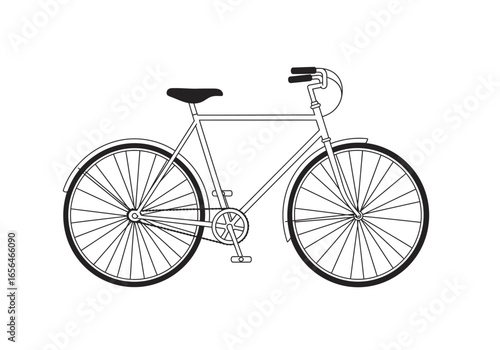 A line drawing of a bicycle featuring two wheels handlebars a seat and pedals