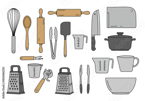 Kitchen tools whisks spatulas measuring cups pots and graters