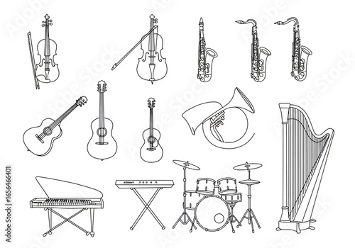 Musical instruments violins cellos saxophones guitars French horn harp pianos keyboard and drums