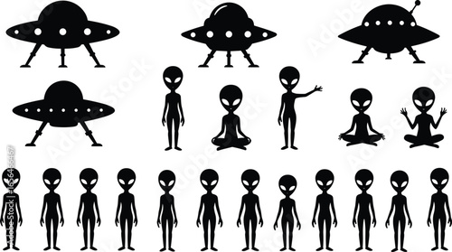 Alien UFO spaceship silhouettes, extraterrestrial beings, sci-fi spacecraft, alien invasion, mysterious UFOs, space exploration, outer space icons