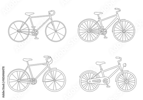 The image shows a set of four linedrawn bicycles with differing frame shapes wheels and various accessories