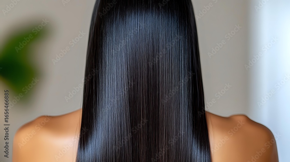 Naklejka premium Straight dark glossy hair on tanned skin woman from behind showing healthy smooth hairstyle after keratin treatment or hair care procedure.