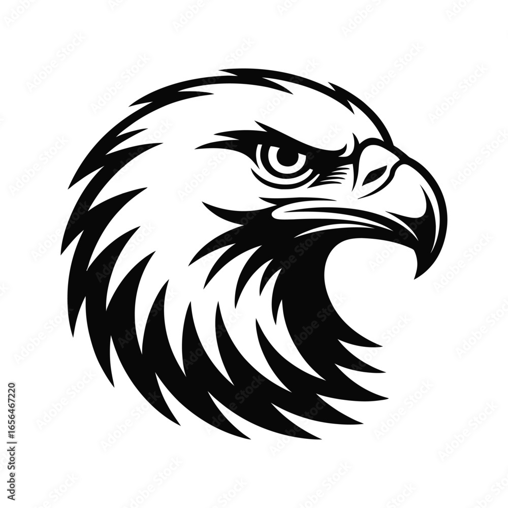 Fototapeta premium Black and white illustration of eagle head in profile facing right, featuring fierce eye, curved beak, and bold feather detail—symbol of power