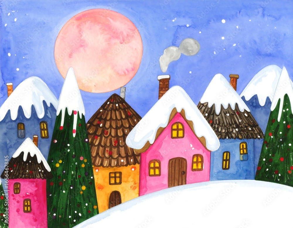 Fototapeta premium Watercolor winter village scene
