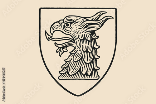 Griffin head on shield engraving style vector illustration