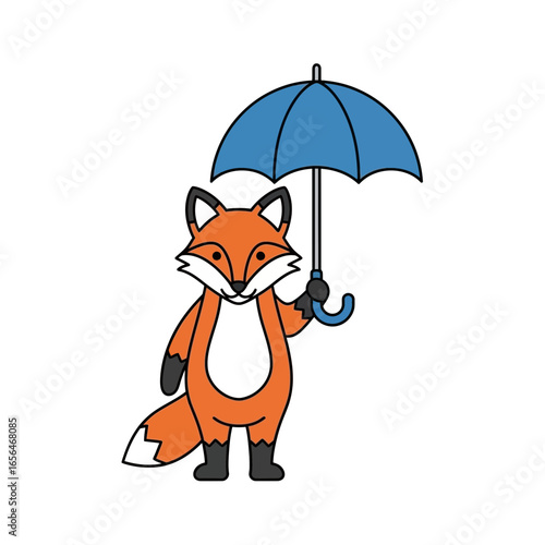 Cartoon fox holding a blue umbrella against a white background.