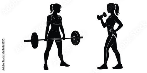 Silhouettes of two individuals performing weightlifting exercises with barbell and dumbbell, showcasing strength, posture, and fitness diversity