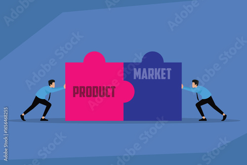 Businessmen Pushing Two Puzzle Pieces for Product and Market 2d flat vector illustration