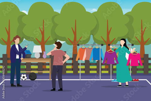Community Garage Sale or Flea Market with People Selling Clothes and Household Goods 2d flat vector illustration