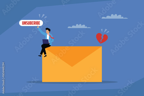 Digital Breakup: A Man Clicks Unsubscribe on an Email with a Broken Heart Symbolizing the End of a Relationship 2d flat vector illustration