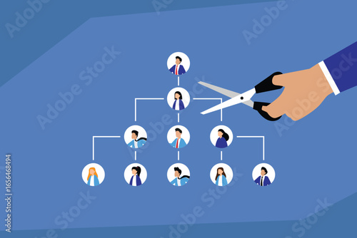 Corporate Downsizing: A Hand Cuts an Organizational Chart with Scissors, Symbolizing Layoffs, Restructuring, and the Reduction of Employees 2d flat vector illustration