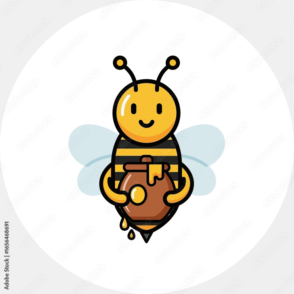 Fototapeta premium Cartoon bee holding a pot of honey inside a circle.