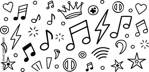 A whimsical hand drawn collection of musical notes symbols and decorative elements creating a fun and energetic artistic pattern