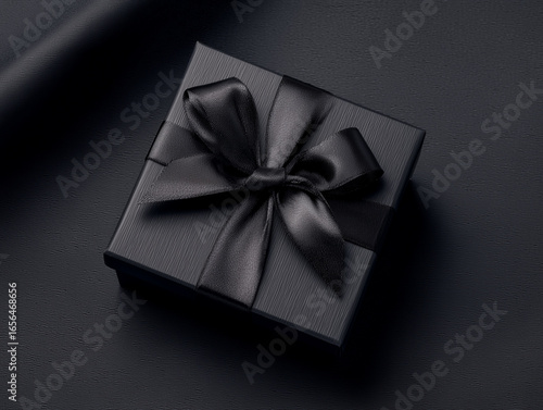Black gift box with a black ribbon on a dark background close up