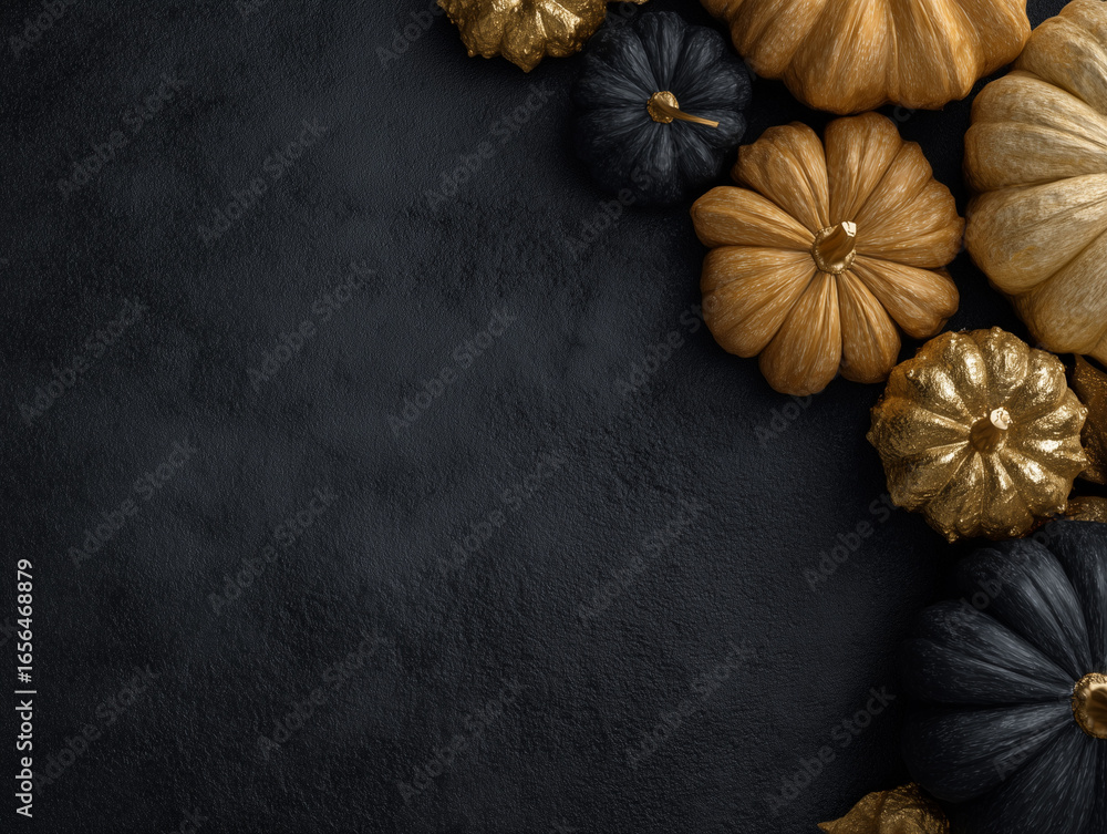 Fototapeta premium Decorative pumpkins in gold and black colors on a dark stone background in the corner of the sheet