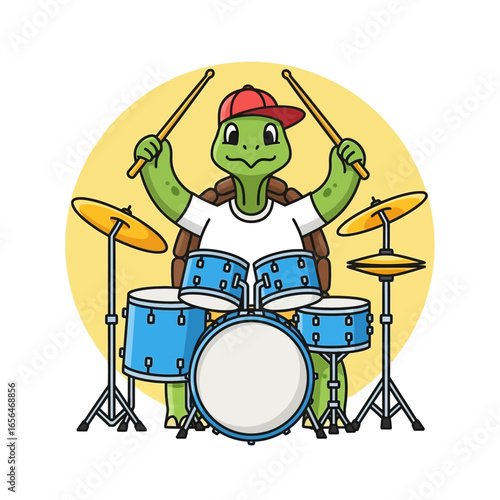 Cartoon turtle plays drums with sticks wearing a red cap.