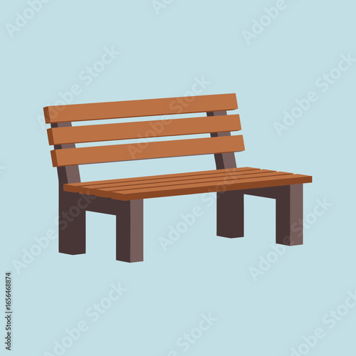 A wooden bench with horizontal slats on the backrest against a blue background.