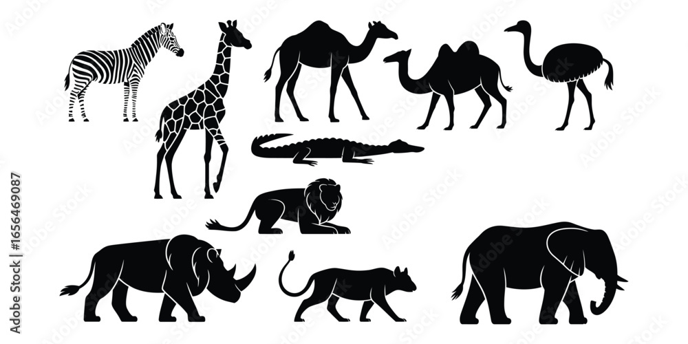 Obraz premium Silhouettes of nine African animals arranged in two rows, including zebra, giraffe, camel, ostrich, crocodile, lion, rhino, hyena, and elephant