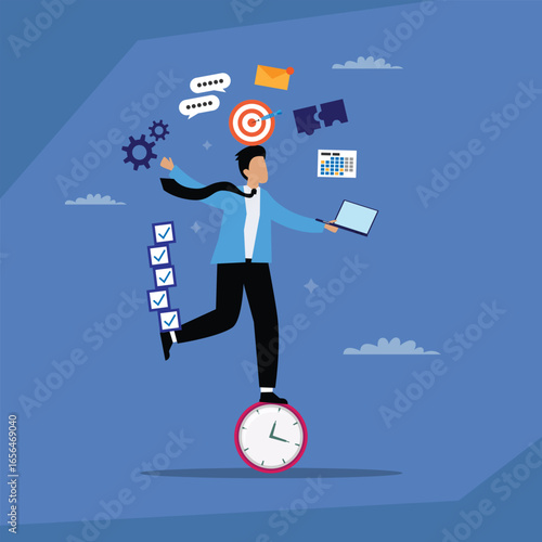 Time Management: A Businessman Balances on a Clock While Juggling Tasks and Goals, Symbolizing a Busy Professional Who is Effectively Managing a Heavy Workload 2d flat vector illustration