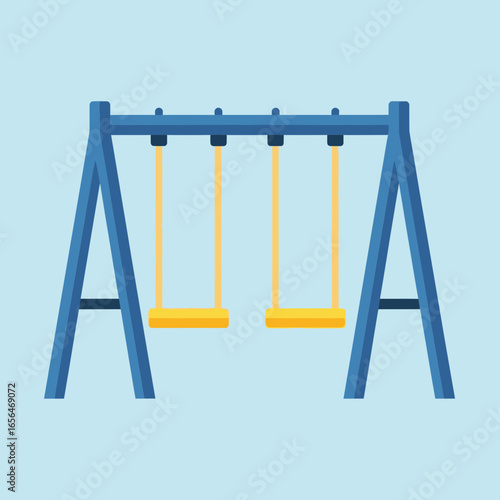 Blue swing set with two yellow swings on a light blue background.