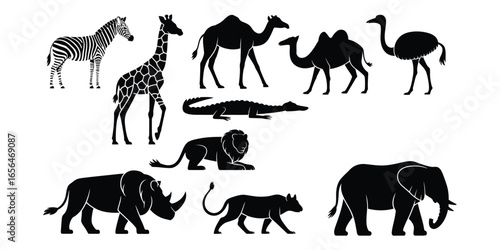 Silhouettes of nine African animals arranged in two rows, including zebra, giraffe, camel, ostrich, crocodile, lion, rhino, hyena, and elephant