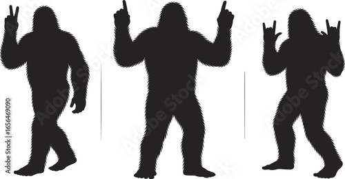 PrintBigfoot silhouette vector illustration, funny sasquatch poses, peace sign, rock hand, cryptid artwork, mythical creature design, monster graphic, mysterious ape