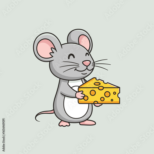 A cartoon mouse holds a wedge of cheese.