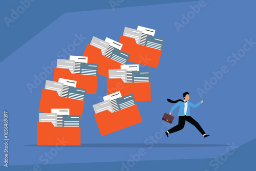 Information Overload: A Stressed Businessman Runs Away From a Mountain of Falling Folders, Symbolizing a Heavy Workload and a Sense of Being Overwhelmed by Paperwork 2d flat vector illustration
