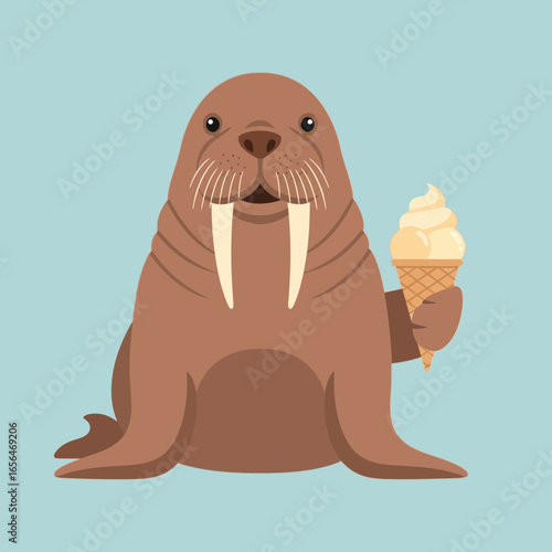 A cartoon walrus eating an ice cream cone.
