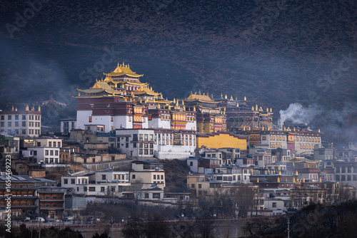 The sunrise view of Songzanlin Monastery in Shangri-La, Yunnan	
