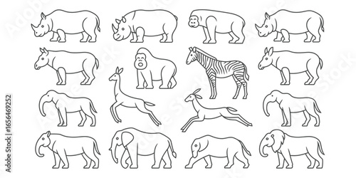 Grid of 15 line drawings featuring rhinoceroses, elephants, gorilla, zebra, giraffe, and gazelles, showcasing animal diversity and stylized detail