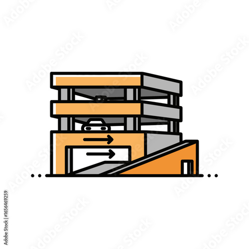 A multi-story parking garage with a ramp and arrows indicating direction.
