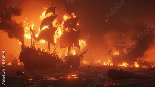 fiery naval battle scene depicts burning ships and explosions at sea. The intense flames illuminate the chaos of the conflict.
