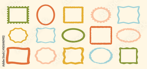 Wavy circular, oval and rectangular shape elements set vector illustration. Zigzag, scallop edge, scalloped frame set. colorful graphic design elements for decoration, banner, poster, template.