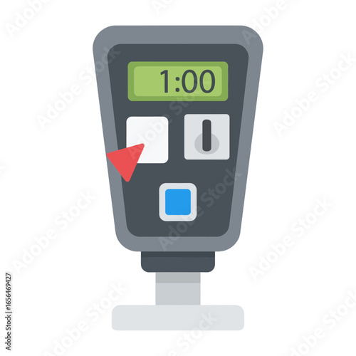 A gray parking meter displays 1:00 with buttons and a coin slot.