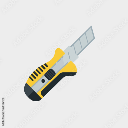Yellow utility knife with silver blade isolated on a light gray background.