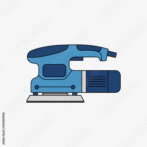 Blue electric sander tool with a white background.