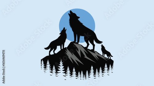 Silhouettes of three wolves howling atop rocky mountain under blue moon, surrounded by pine forest, symbolizing wilderness and natural instinct