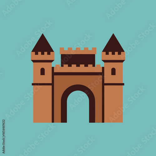 Simple flat vector illustration of a castle gate on a blue background.