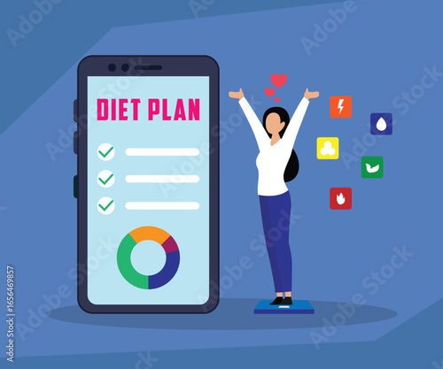 Diet Plan and Weight Loss: A Woman on a Scale Celebrates Her Success as She Looks at a Diet Plan and Health Data on a Smartphone.2d flat vector illustration