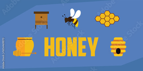 Honey and Beekeeping Flat Vector Illustration with Honeycomb, Beehive, and Honey Pot 2d flat vector illustration