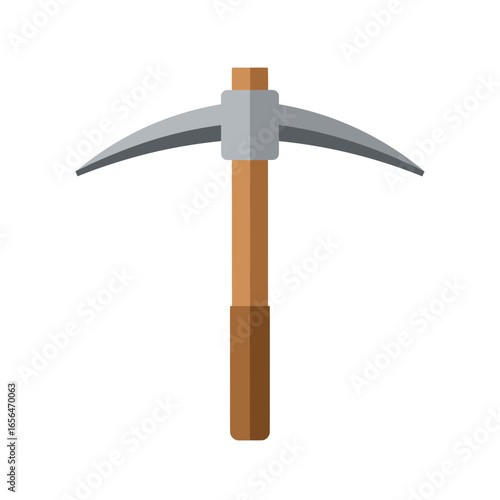 A pickaxe tool with a wooden handle and metal head on white background.
