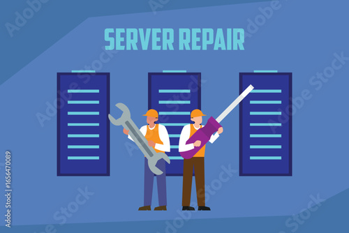 IT Technicians Repairing Servers in a Data Center 2d flat vector illustration
