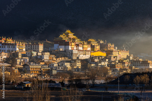 The sunrise view of Songzanlin Monastery in Shangri-La, Yunnan	
