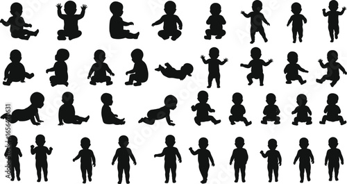 Baby silhouette vector collection, crawling, sitting, standing baby poses, toddler black illustration, infant clipart design, child growth stages, isolated
