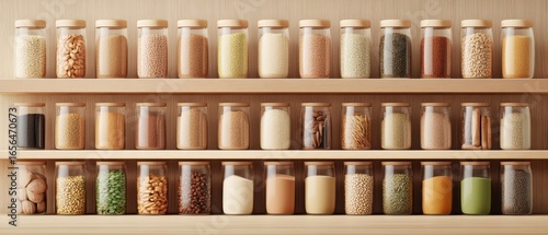 Wallpaper Mural Various Colorful Dried Foods Fill Glass Jars on Wooden Shelves. Grain and Legume Assortment. Kitchen or Pantry Storage. Food Preservation. Torontodigital.ca
