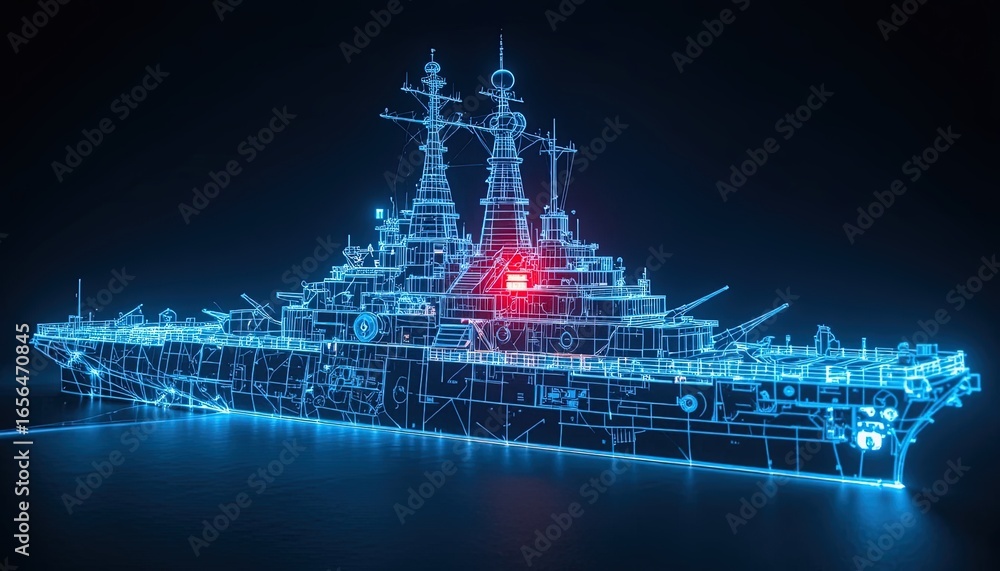 Fototapeta premium A digital rendering of a warship, depicted as a glowing wireframe against a dark background, highlighting its intricate design and structure.